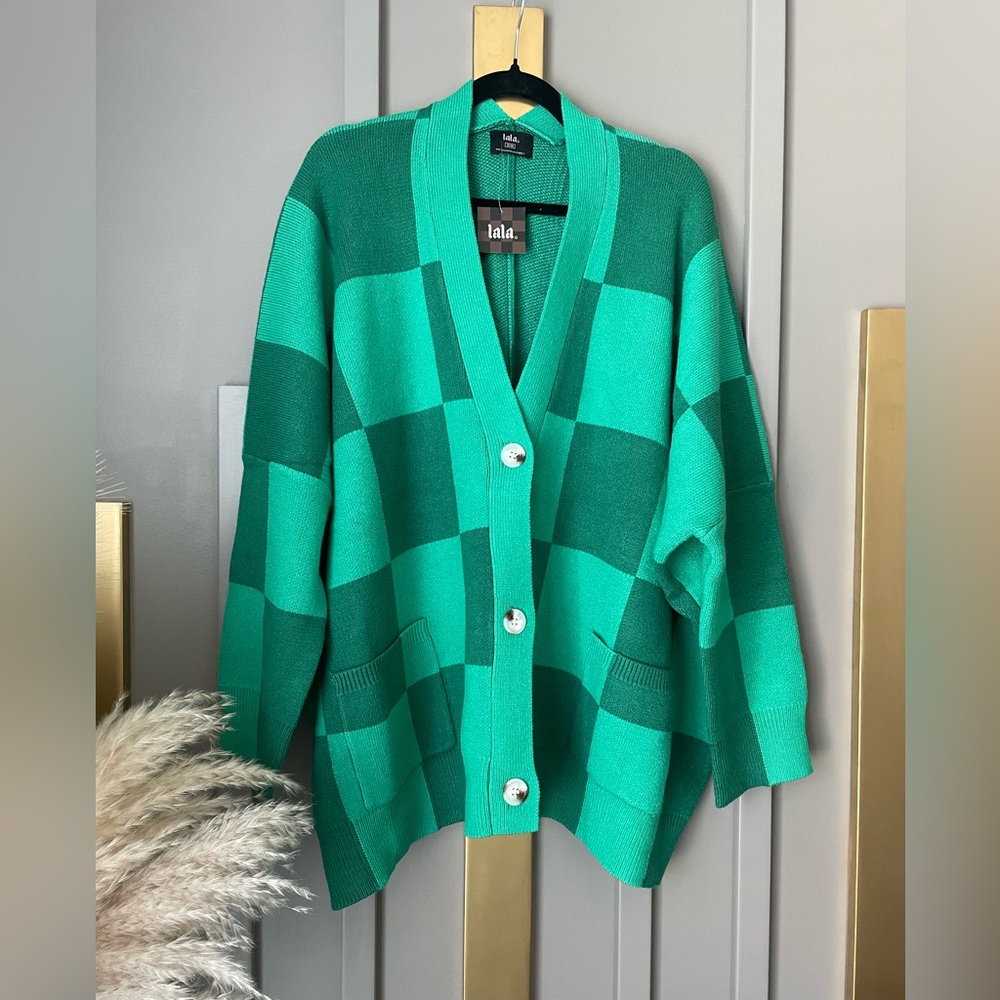 Love You Oversized Checkerboard Cardigan in Green Girl - Picture 3 of 5